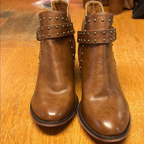 Olivia Miller Brown Ankle Booties with Studded Straps - Picture 1 of 8